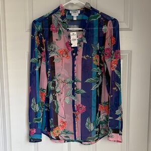Express Vibrant Floral Button-Down Shirt - Pink and Blue